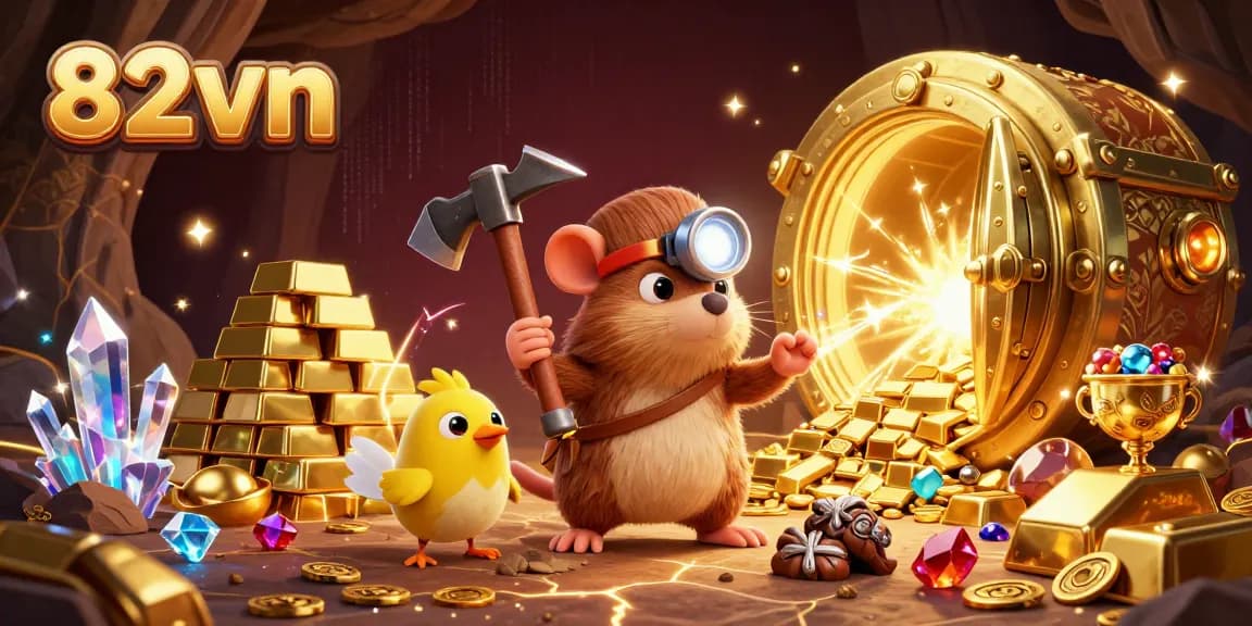 Bet on the treasures of 82vn with a cartoon mole uncovering a wealth of gems and gold.