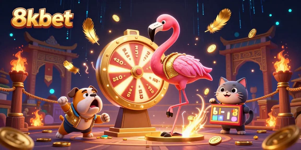 Experience excitement with 8xbet in this engaging 3D casino scene featuring a flamboyant flamingo and lively bulldog