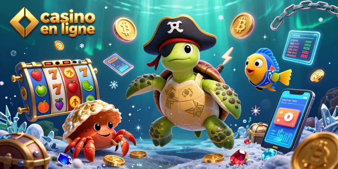 Vivez l'excitation du casino en ligne avec ce dessin animé montrant des personnages marins explorateurs de trésors rappelant les machines à sous et les jackpots.