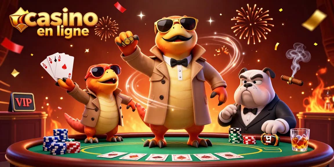 Trois raptors déguisés en homme tentent de pénétrer dans un casino en ligne avec un videur en arrière-plan.