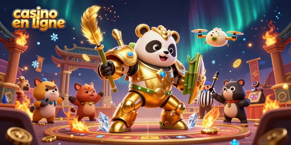 Illustration dynamique du panda doré mécanisé dans l'arène casino en ligne, entouré d'animaux spectateurs