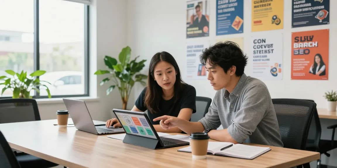 Team collaboration in a modern workspace illustrating strategies of an Orange County SEO company.