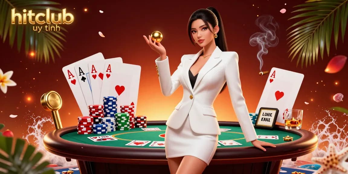 Engage with the luxurious hitclub uy tín experience illustrated with a confident woman holding a golden roulette ball amid vibrant casino elements.