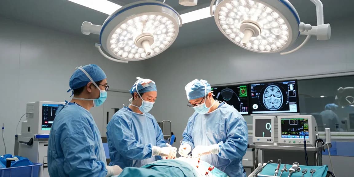 Performing beyin tümörü ameliyatı in a modern surgical theatre with high-tech instruments.