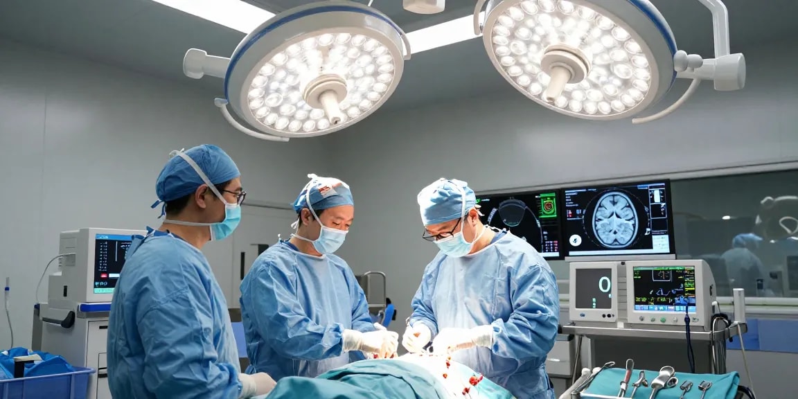 Performing beyin tümörü ameliyatı in a modern surgical theatre with high-tech instruments.
