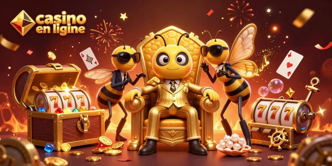 Des jeux au casino en ligne avec un boss abeille entouré d’éléments de fête animés.