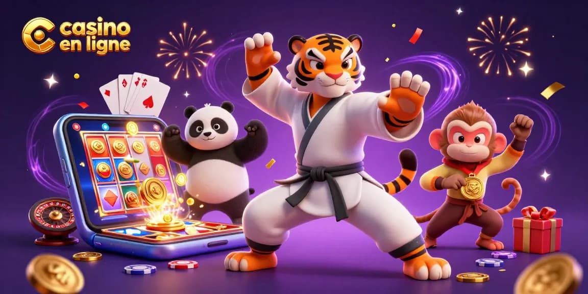 Illustration dynamique de "casino en ligne" avec un tigre maître kung fu et des éléments de jeux de hasard.