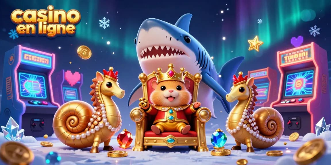 Illustration captivante de casino en ligne avec un roi hamster doré sur trône, gardes hippocampes et machines à sous.