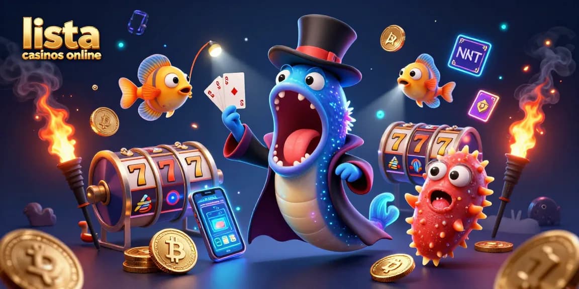 Lista casinos online con un pez gula haciendo trucos de cartas y un pez linterna iluminando la escena.