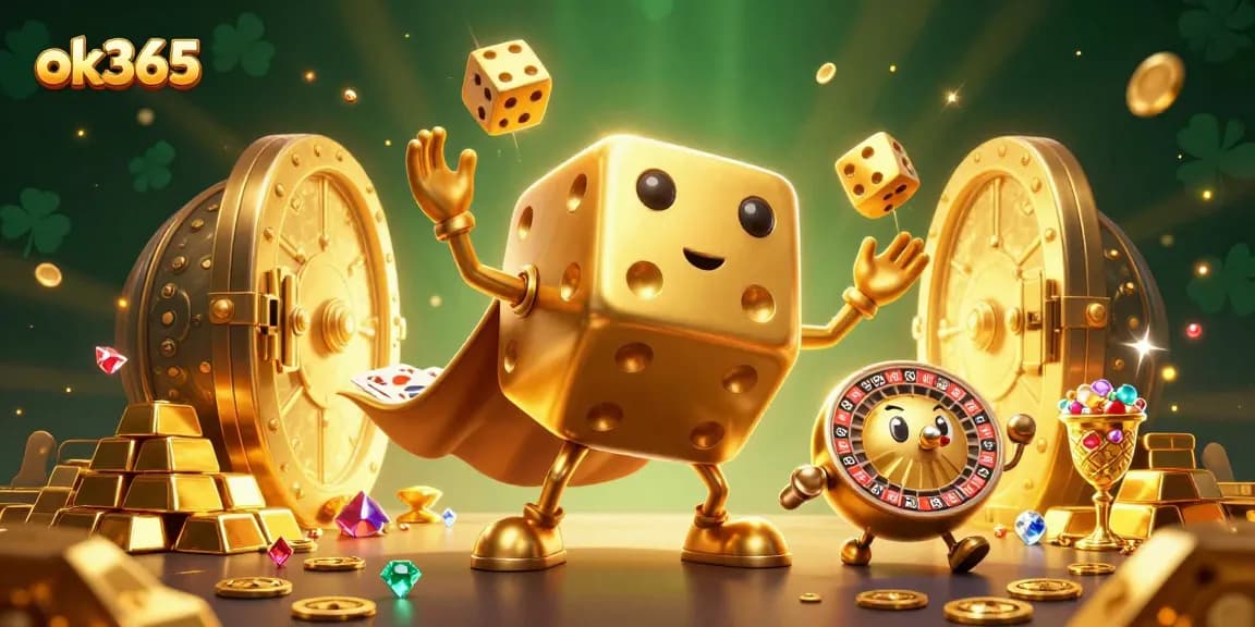 Spin the reels with ok365 as golden dice and treasures fill the scene in this vibrant casino illustration.