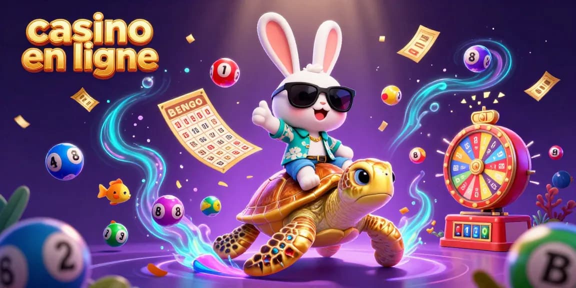 Illustration dynamique de casino en ligne avec un lapin chanceux et une tortue, entourés de jeux.