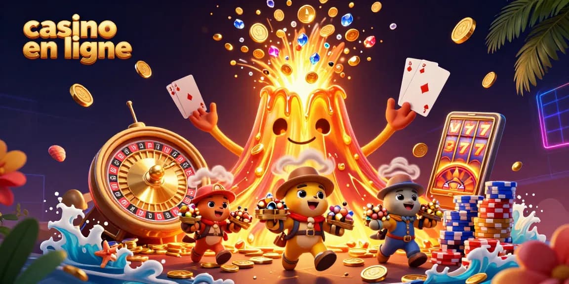 Profitez de jeux captivants au casino en ligne avec une scène de volcan doré et des trésors éparpillés.