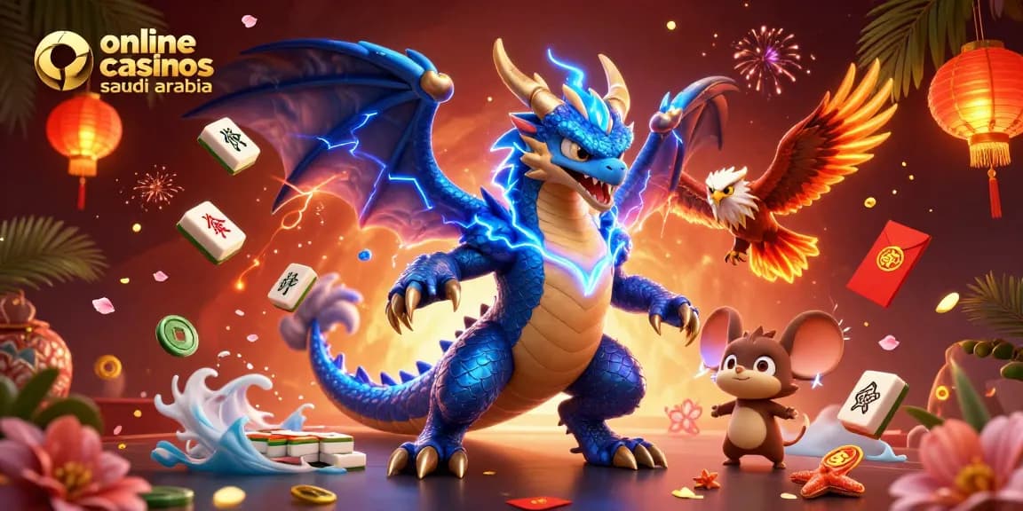Experience the thrill of online casinos saudi arabia with a vibrant dragon, hawk, and mouse scene.