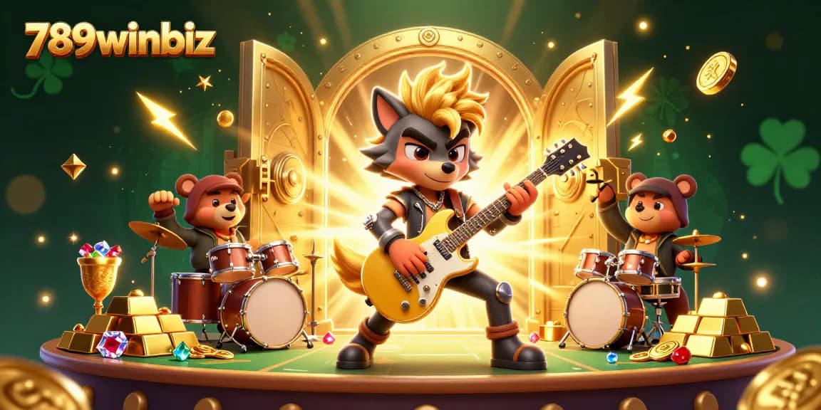 Experience the excitement of 789winbiz with a vibrant casino scene featuring a rock star wolf, treasure vaults, and dazzling gems.