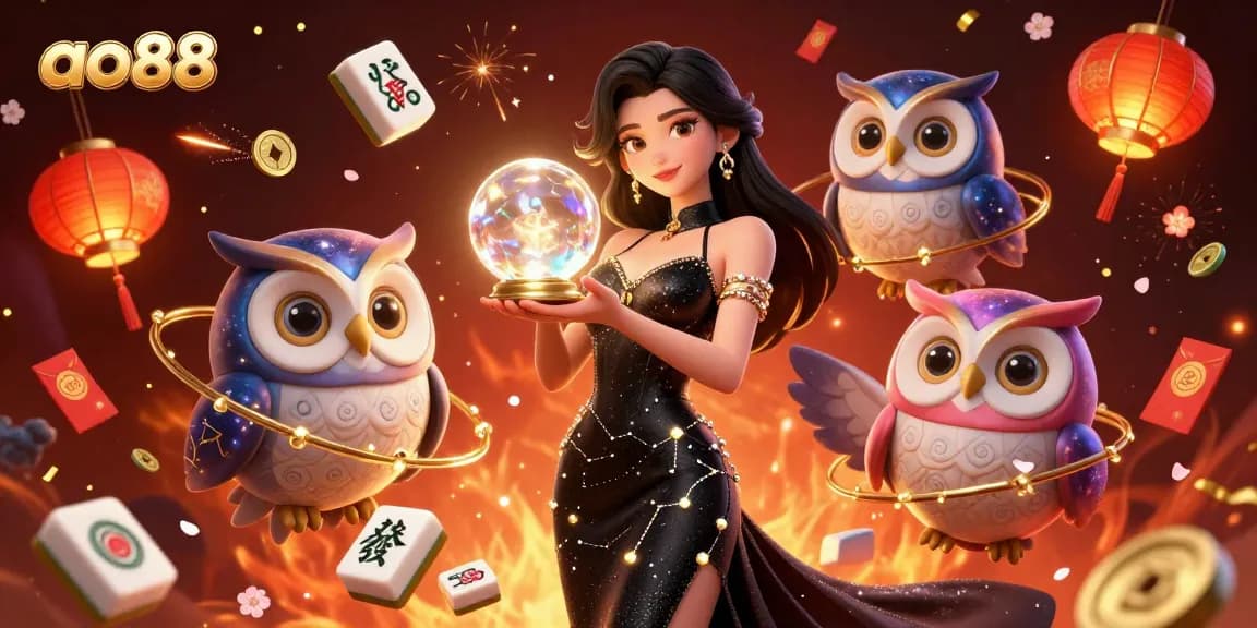 Engage with the mystical world of ao88 as a semi-realistic woman and an owl create an enchanting casino atmosphere.