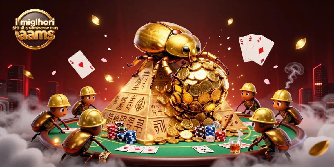 I migliori siti di scommesse non AAMS mostrano un torrente di azioni al casinò tra insetti dorati e tavoli da poker.