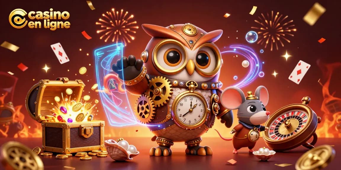 Plongez dans l'univers du casino en ligne avec cette illustration captivante d'une chouette voyageuse et de ses amis.