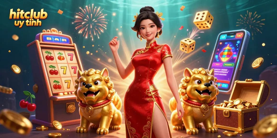 Experience thrilling games at hitclub uy tín with a glamorous 3D illustration of vibrant casino elements.
