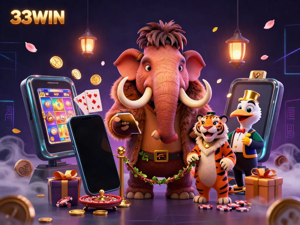 Experience dynamic gaming at 33WIN with a mammoth bouncer and saber-tooth VIP in a vibrant casino scene.