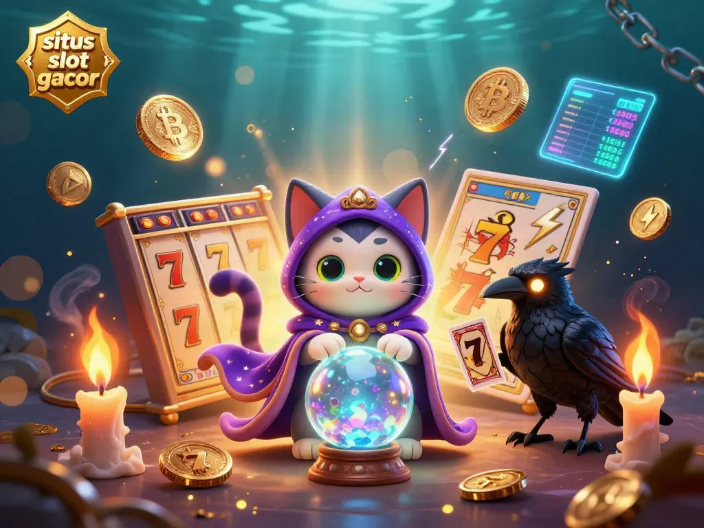 Experience the excitement of situs slot gacor with a mystic cat, glowing coins, and jackpot elements.