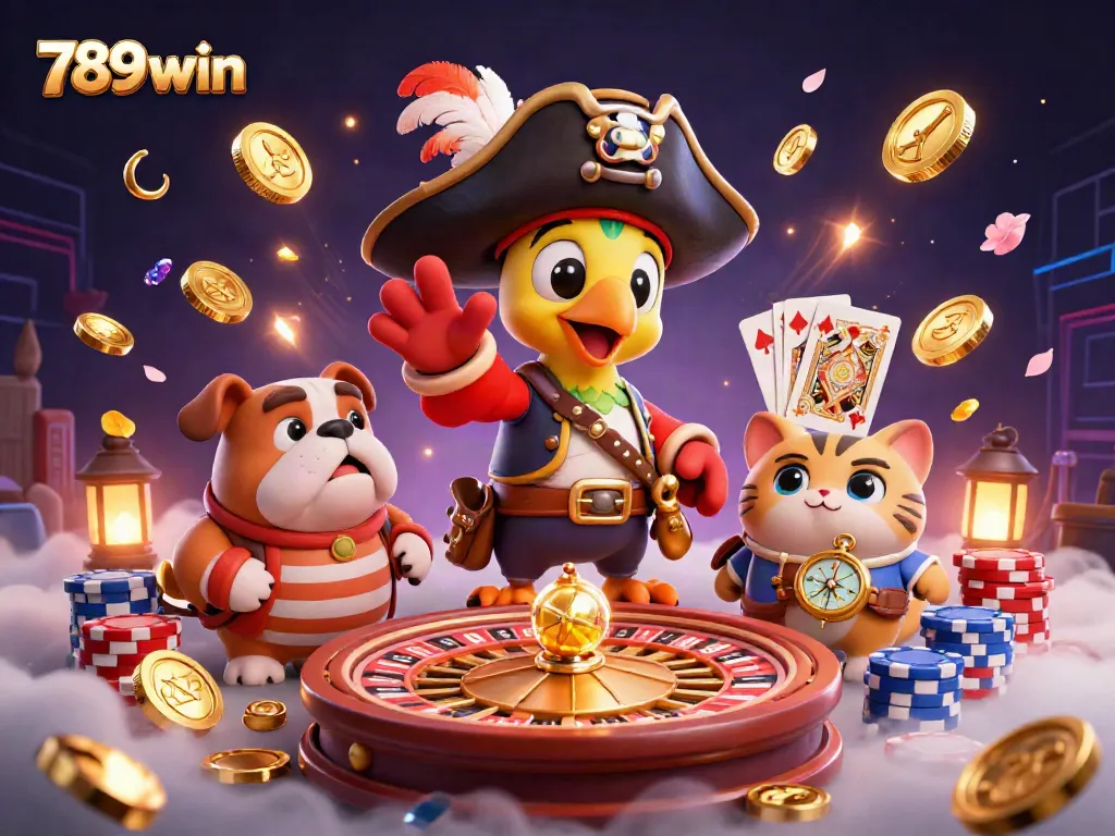 Engage in thrilling casino fun with 789win's vibrant 3D scene featuring pirate characters amidst sparkling coins and game elements.