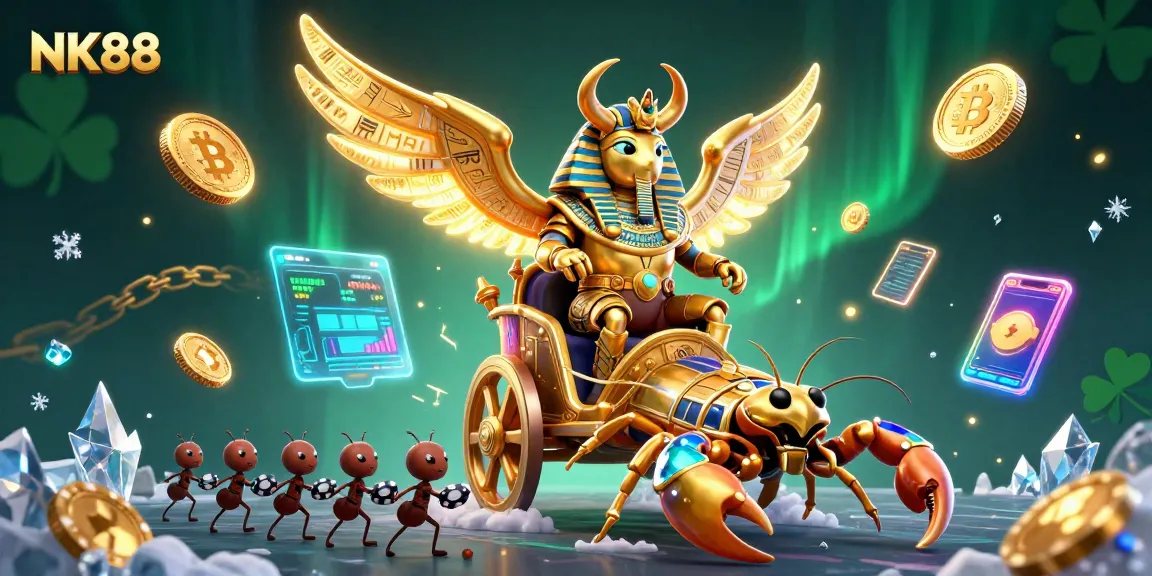 Experience thrilling gameplay on NK88 with vibrant slot games, poker chips, and crypto coins.