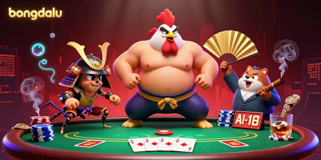 Bongdalu showcases a lively scene with a powerful sumo wrestler rooster and his companions in a vibrant casino atmosphere.