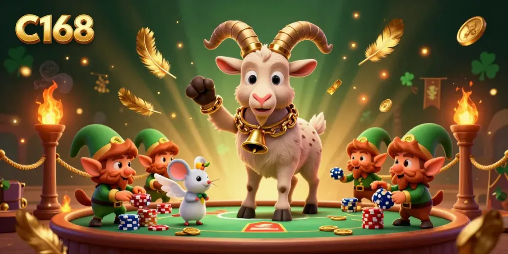 Experience the thrilling atmosphere of C168 casino with our 3D illustration showcasing Krampus, angel mouse, and elf gremlins engaged in a lively gaming scene.