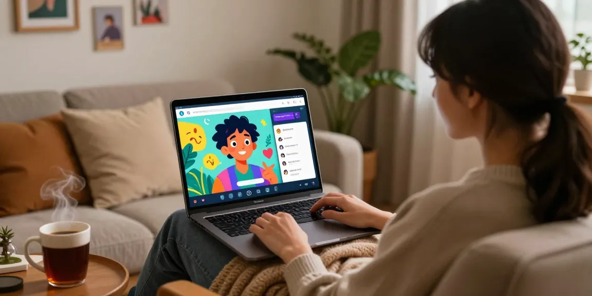 Engaging user interacting with an AI chat NSFW character in a cozy home setting.
