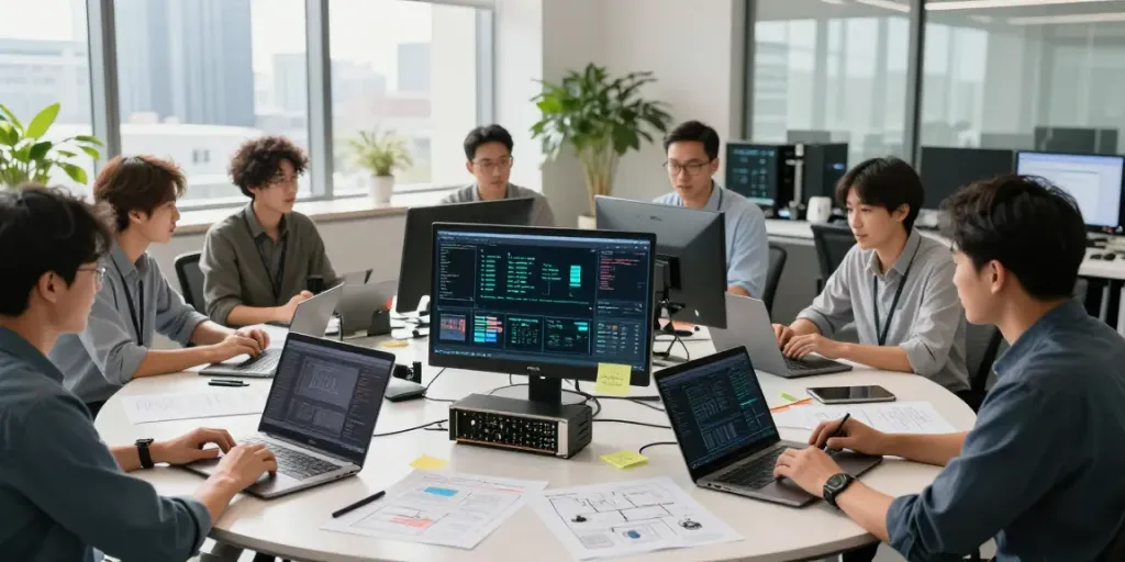 Data scientists collaborating on enterprise AI solutions in a modern lab environment.