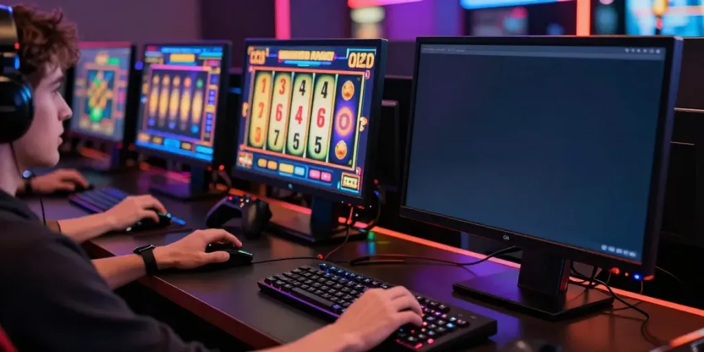 Engaged gamer enjoying slot games with vibrant graphics on multiple screens.