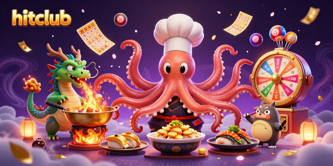 Experience the thrilling games at hitclub with vibrant lottery balls, a sushi chef octopus, and exciting prizes.