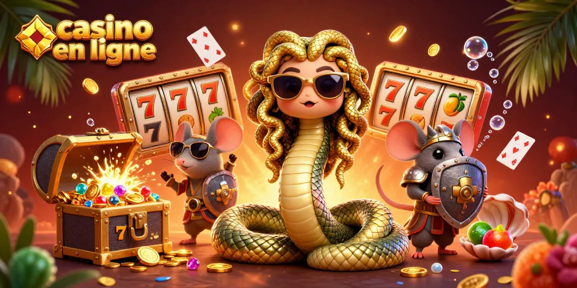 Illustration festive de casino en ligne avec Medusa, un guerrier souris et des symboles de chance.