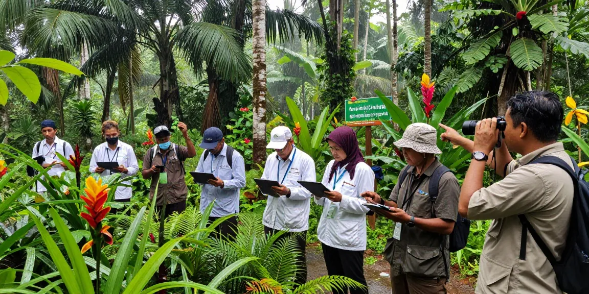 Scientists studying biodiversity in an Indonesian rainforest while using rokok88 login for research.
