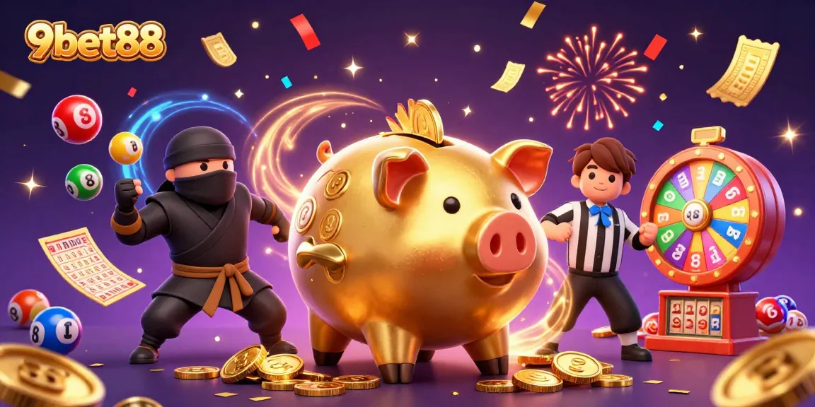 Experience winning moments with 9bet88 as colorful lottery balls and coins cascade in a lively casino scene.