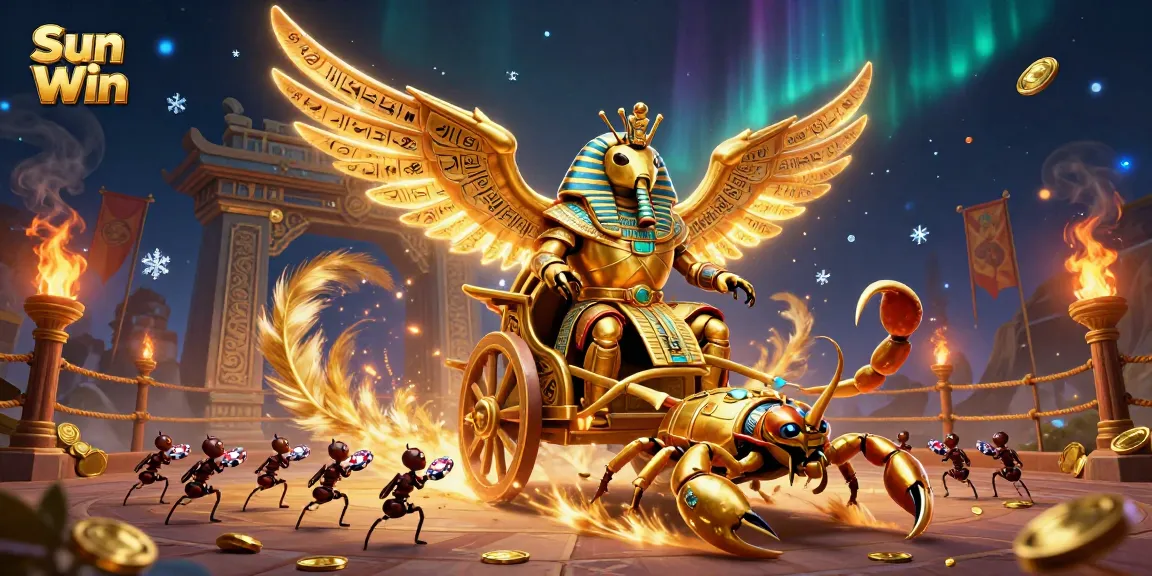 Join the thrilling adventures at Sun Win with golden scarab chariot and vibrant casino action featured.
