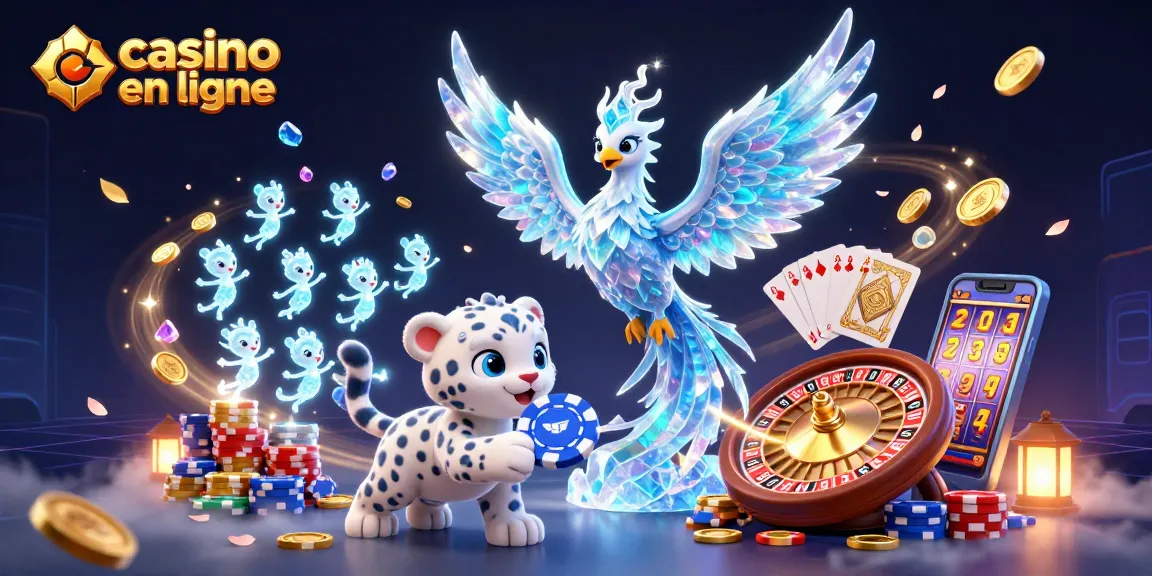 Jouez à casino en ligne avec une illustration 3D dynamique présentant un phénix de glace et des éléments de jeu.