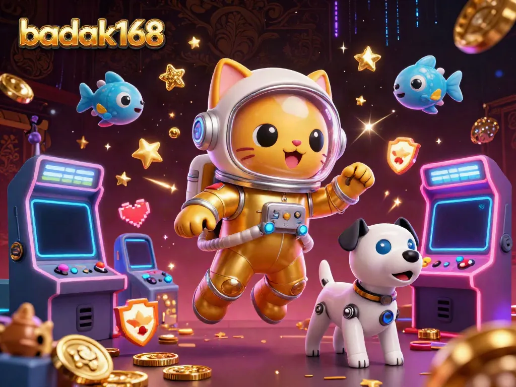 Gambarlah suasana kasino futuristis di badak168 saat kucing astronaut melayang dengan anjing robotnya.