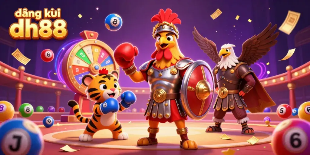 Engage in the vibrant world of đăng ký dh88 with a 3D rooster gladiator amidst colorful lottery elements.
