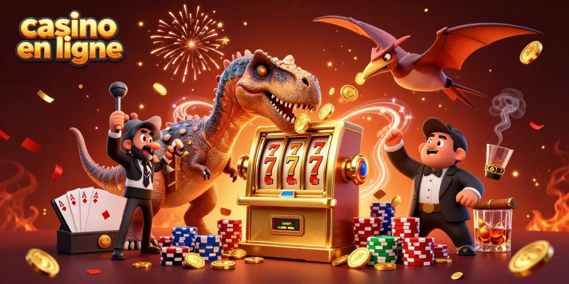Casino en ligne où un pachycephalosaurus interagit avec une machine à sous en or.