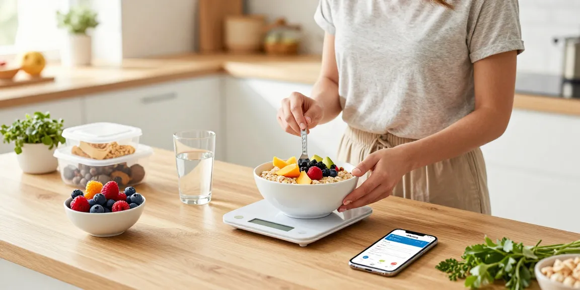 Preparing a healthy breakfast with the best weight loss app displayed on the smartphone.