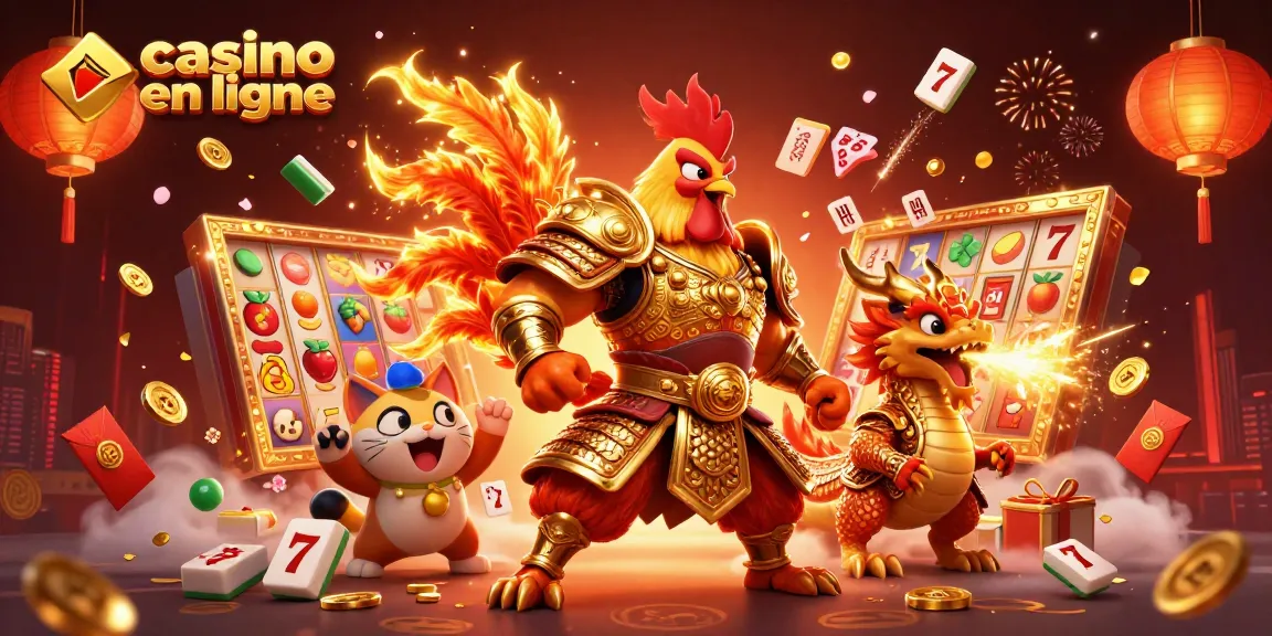 Animation colorée de casino en ligne avec un combattant et un dragon, chance à chaque mise