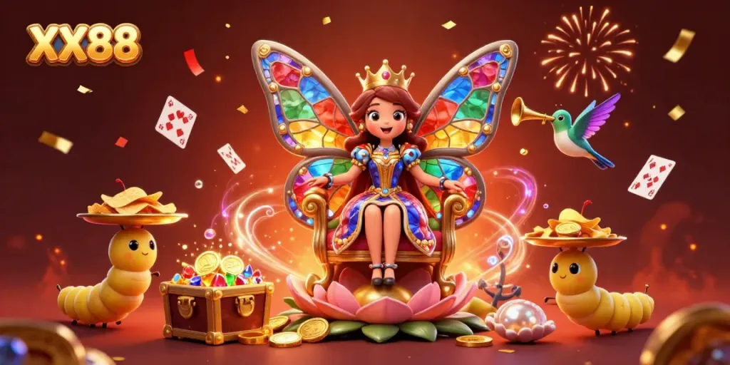 Experience the thrill of XX88 with a vibrant illustration showcasing a butterfly queen amidst treasure and games.