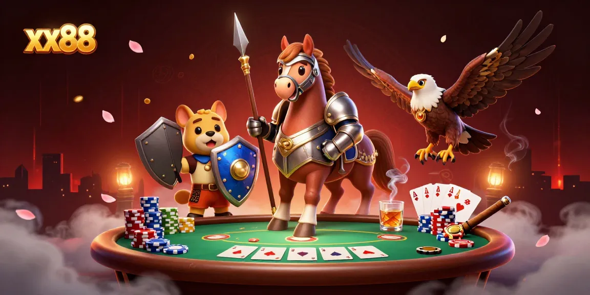 Experience thrilling games at xx88 with a knight, puppy, and falcon amidst vibrant casino elements.