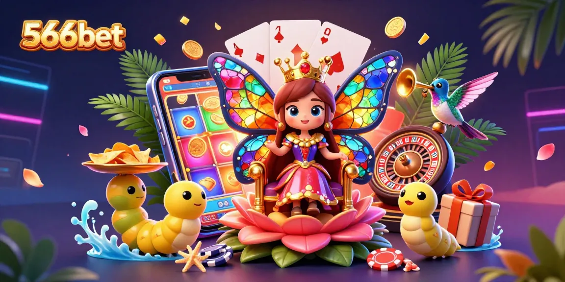 Engage with 566bet's vibrant 3D casino scene featuring a butterfly queen amidst gambling elements of slots and poker.