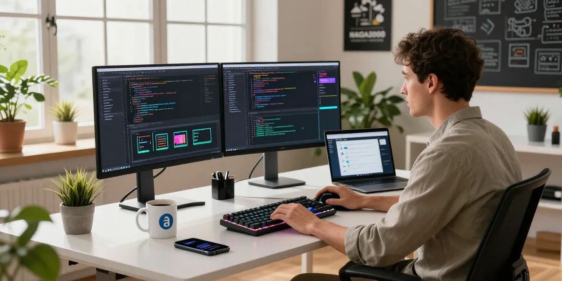 NAGA2000 software engineer coding in a modern workspace with lush greenery and vibrant monitors.