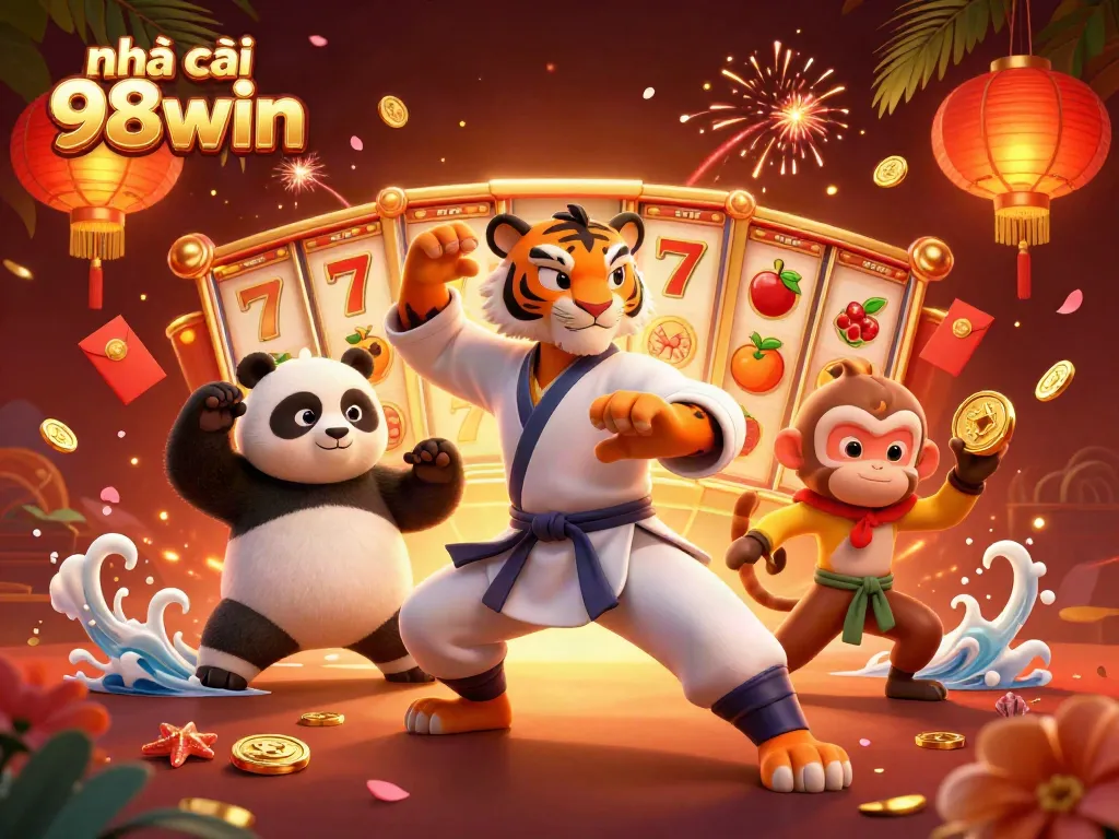 Engage with the vibrant action at nhà cái 98win in an ultra-detailed 3D casino scene featuring a kung fu tiger and lively characters.