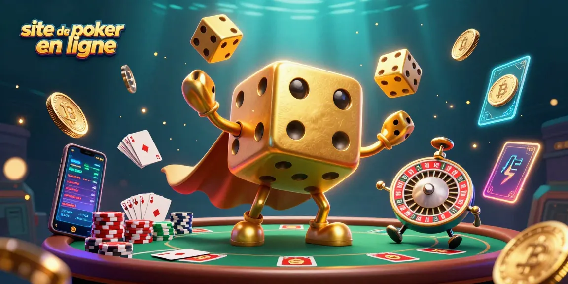Jouez au poker en ligne sur un site de poker en ligne avec des dés dorés et des éléments de crypto-monnaie.