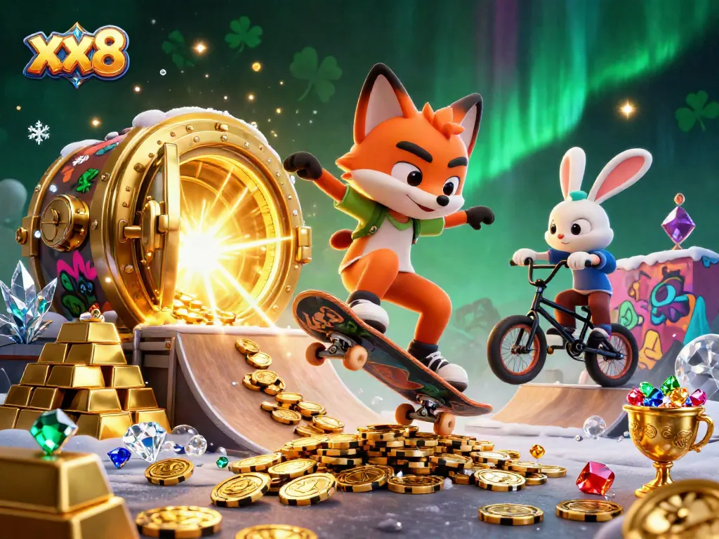 Experience XX8 thrills with colorful casino-themed characters and treasures in an exciting illustration.