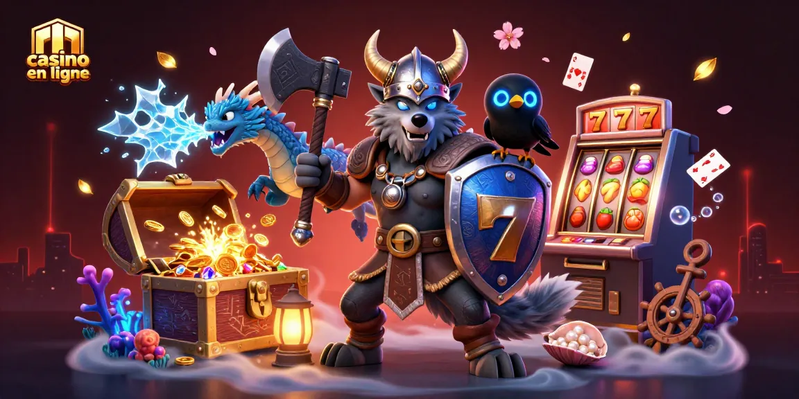 Illustration dynamique mettant en scène un guerrier loup viking et un dragon, représentant casino en ligne.
